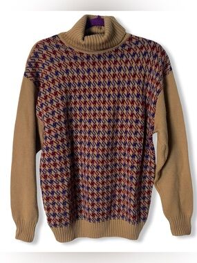Vintage Eleanor P Brenner Houndstooth Wool Turtleneck Sweater Colorblock Sz M